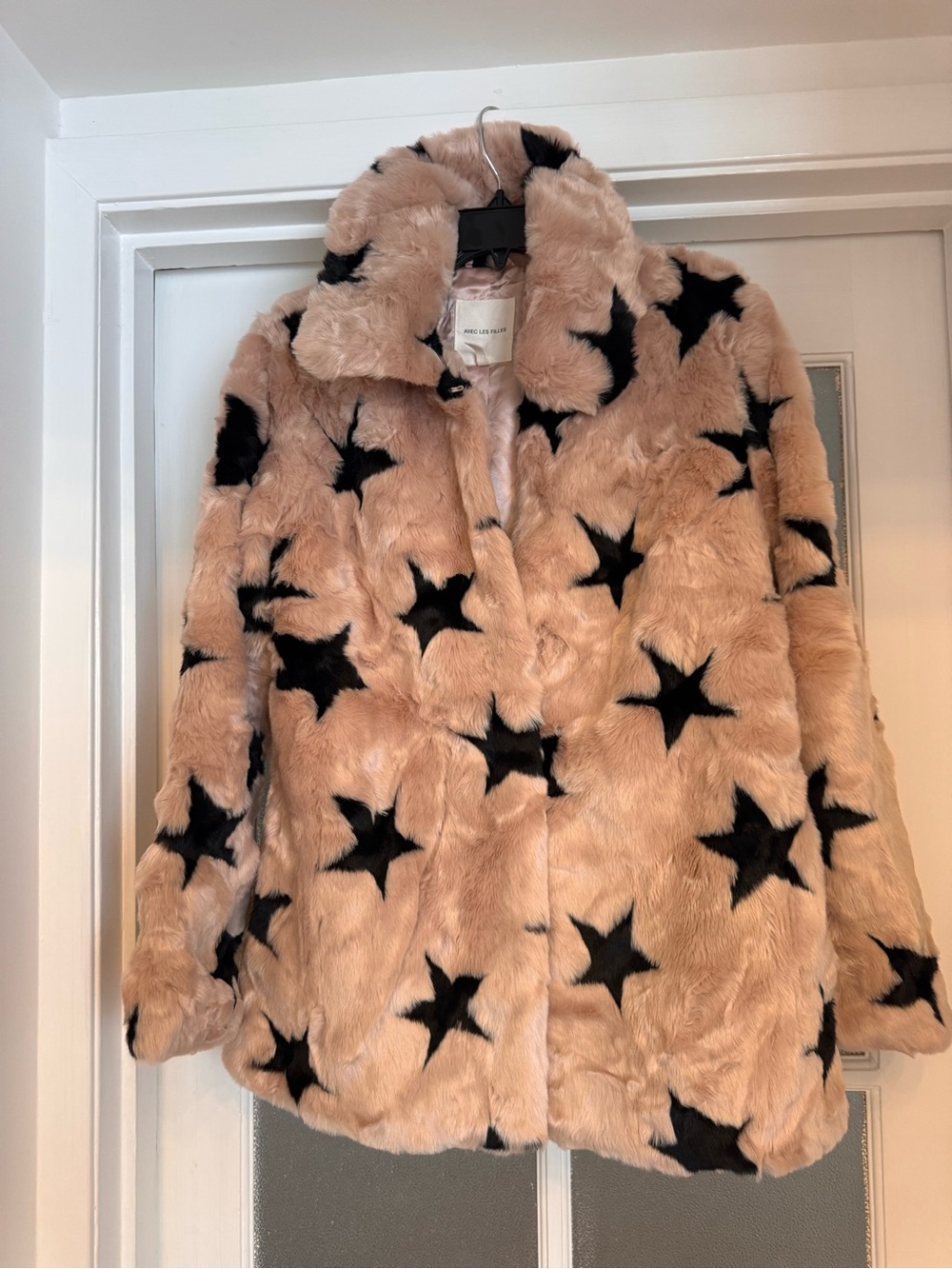 Avec Les Filles Pink Faux Fur Coat with Black Star Detail